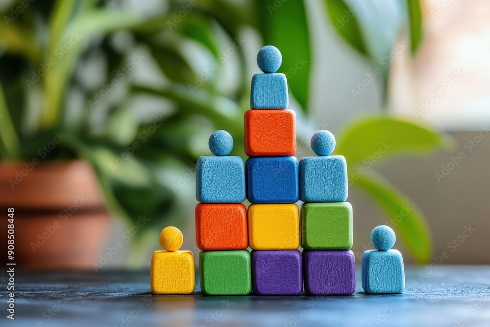 Poster building success together: colorful wooden blocks form a pyramid with figures on top, symbolizing te