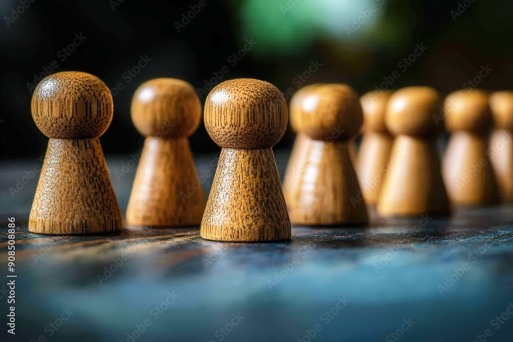 Aufkleber wooden people in line: a row of wooden figures stand in a line, symbolizing unity, teamwork, and col