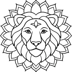 Lion head coloring page kids friendly simple line art cute panthera leo face with geometric flower mandala design pattern minimal clipart art KDP coloring interior