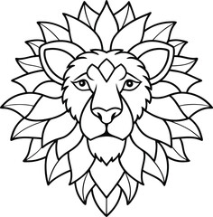 Lion head coloring page kids friendly simple line art cute panthera leo face with geometric flower mandala design pattern minimal clipart art KDP coloring interior