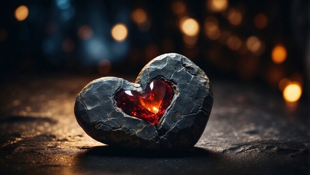 Heart-shaped rock on a dark background Love concept with a contemporary art design.