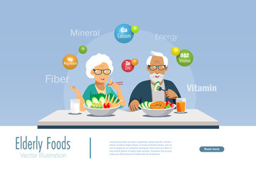 Senior couple eat healthy foods with proper nutrition for elderly. Daily nutrition, senior care, healthy aging concept. Vector.