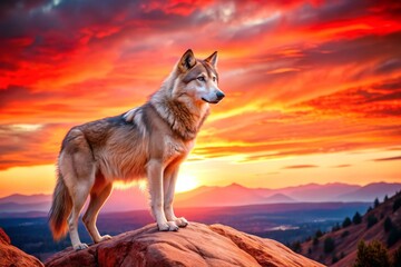 Wolf at Sunset on Mountaintop.