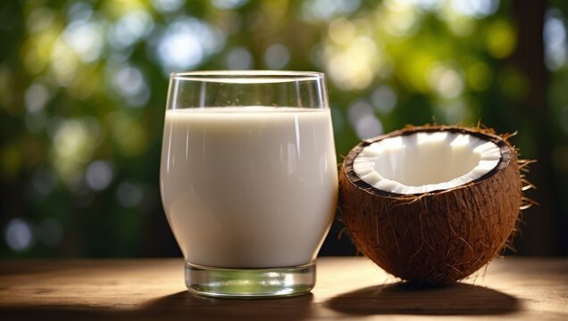 Sunlit Coconut Milk A High Image of a Glass of Natural and Healthy Beverage.