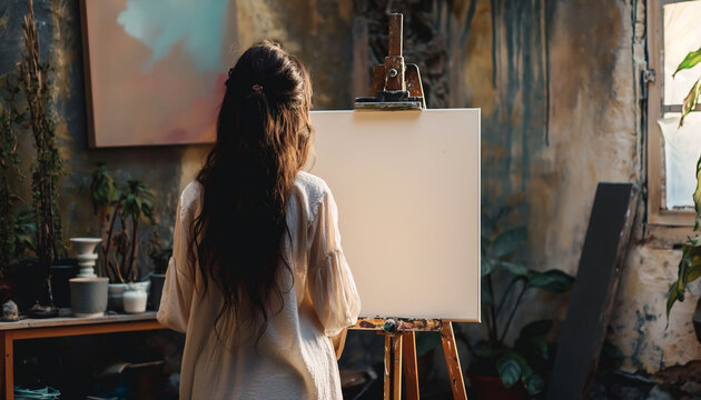Inspired female young woman looking at the blank canvas on the easel to start painting in the workshop
