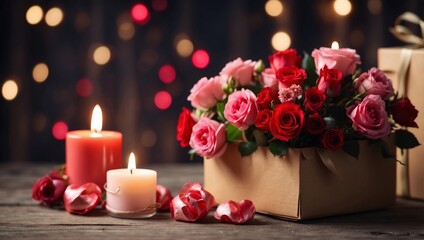 Obraz premium Valentine's day concept Bouquet of flowers, gift box and candles on wooden background.