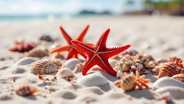 Red starfish, seashells and cockleshells on the white sand with blurred beach ocean or sea background.
