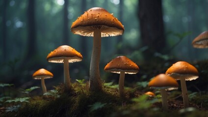 Fototapeta premium Perilous Beauty A Toxic Mushrooms Ghostly Glow in an Enchanted Hitech Forest.