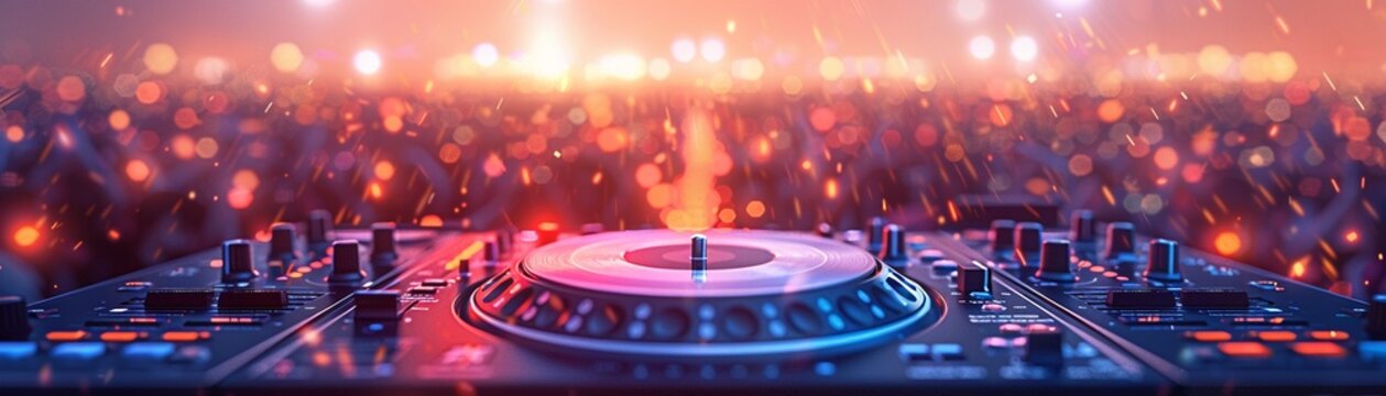 DJ Turntable, EDM Fashion, Crowd of ravers, Capturing an energetic EDM festival with pulsating lights and futuristic aesthetics 3D render, Spotlight and Vignette for a dynamic feel