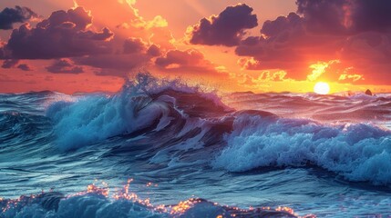 Fototapeta premium High Waves at Sunset over Sea
