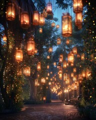 Floating Lanterns, Shimmery Threads, Illuminated Weavers, Innovative town center with eco-conscious design, Evening glow, 3D Render, Ambient lighting