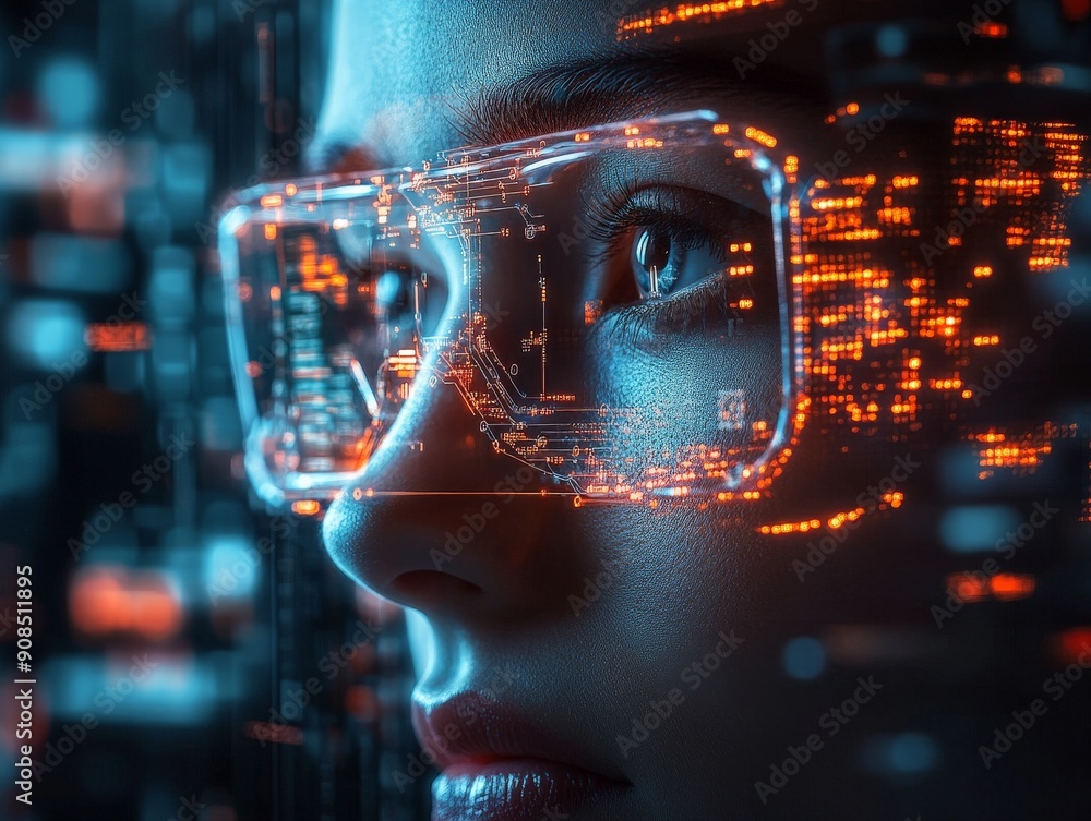 Poster advancements in tech: realistic portrait of software engineer crafting innovative technology with au