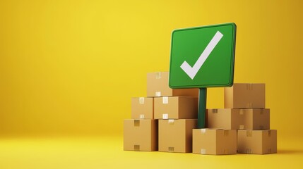 Fototapeta premium Efficient Deliveries Concept - Green Checkmark and Brown Cardboard Boxes on Yellow Background - 3D Render Illustration