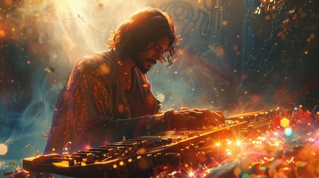 Glowing Musician, mystical instrument, enchanting melodies, surrounded by fans, ethereal vibes, digital art, Atmospheric Backlights, Lens Flare