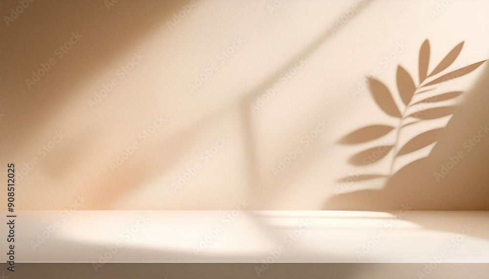 Poster wall interior background, studio and backdrops show products. with leaf shadow from window color bei