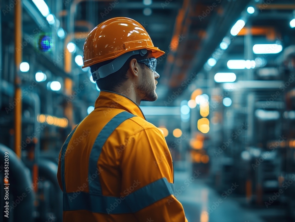 Poster industrial efficiency: manufacturing engineer improving production processes in realistic setting wi