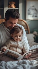 Obraz premium Father reading a book to his toddler daughter while sitting on a bed.
