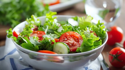 A bowl of salad with lettuce, tomatoes, and cucumbers.