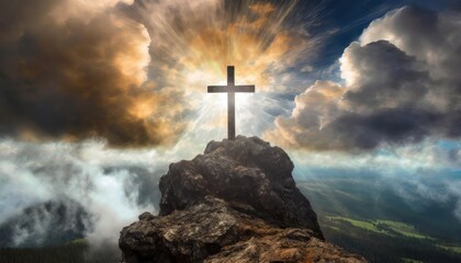 A wooden cross on a large stone, Christian cross on the top of a mountain, Cross on Mountain Peak with Sunset