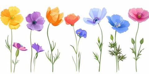 Obraz premium Collection of 2D and 3D Vector Flat Abstract Minimalistic Art of Flowers and Meadow Isolated on a White Background