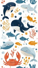 Sea creatures and ocean animals hand-drawn seamless pattern for fabric, decor, wallpaper, and more