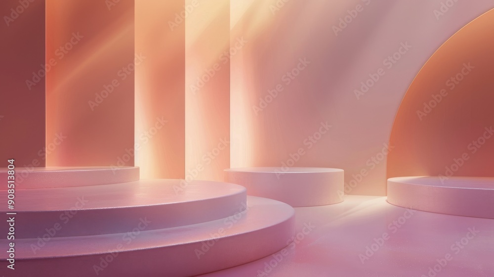 Wall mural Minimalist abstract podium background with soft pink and orange tones, curved stage, empty display, modern design