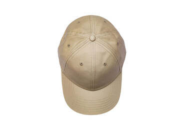 Top view of beige baseball caps mockup on white background, with space for your logo or design. Mock-up for branding.