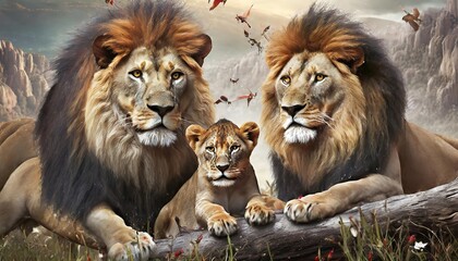 lion and lioness, leo, Male and Female Lions, leos lying down together with gray and flying birds background, Close up Young lion and lionesses scan the scenic