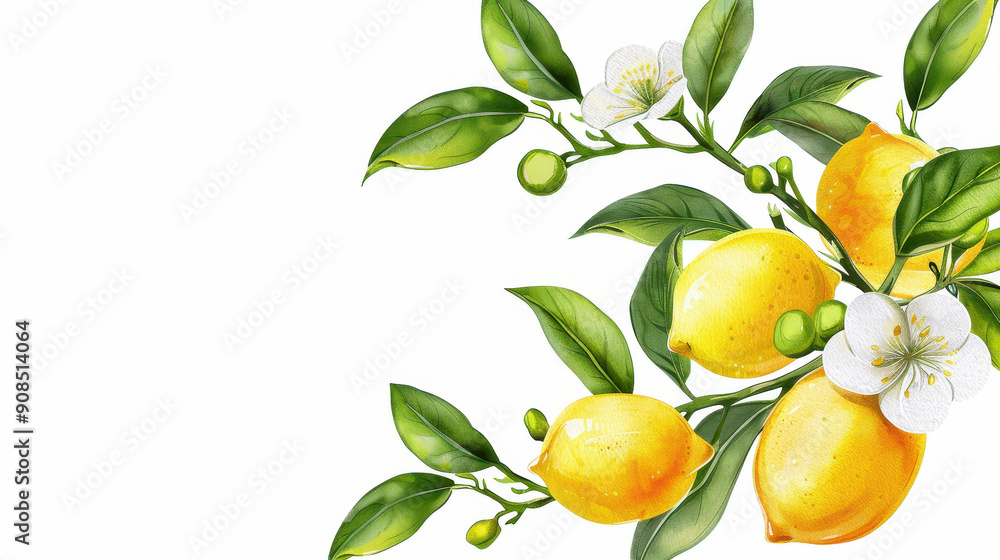 Wall mural Bright lemon branch with delicate flowers, showcased in a fresh and vibrant watercolor illustration against a clean white backdrop.