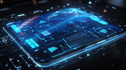 A glowing blue circuit board with digital data displayed on it.