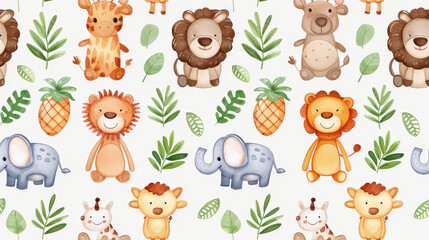 Naklejka premium Delight in this whimsical seamless pattern showcasing adorable watercolor wild animals perfect for kids decor.