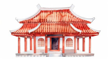 Delicate watercolor of a Chinese pagoda, evoking tranquility and harmony. A serene portrayal of Taoist or Buddhist architecture.