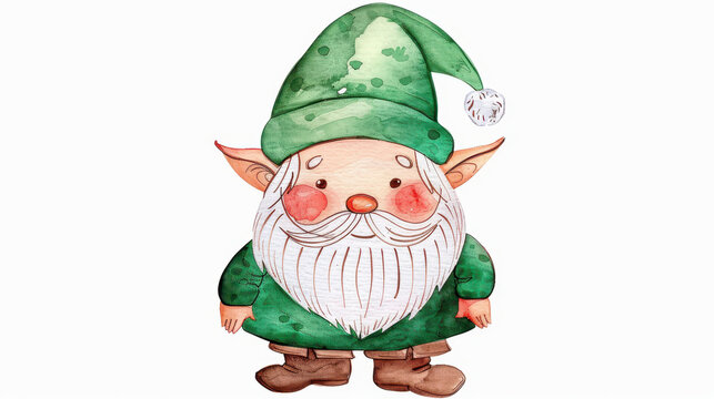 Cute Christmas elf in Scandinavian style, full of charm and holiday spirit, painted in watercolor against a clean backdrop.