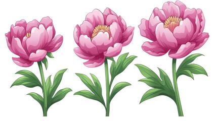 Obraz premium Delicate peonies bloom on a white background, showcasing a stunning watercolor floral illustration set. Perfect for decor