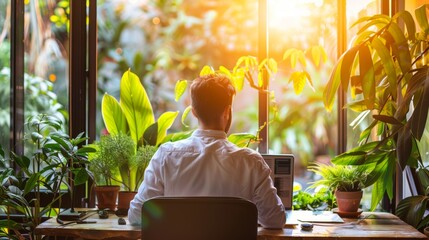 A man works from home with a view of nature outside an open window. The concept of remote work, freelancing