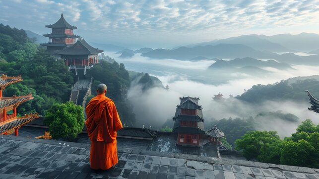 Monk of a Chinese monastery stands on the edge of a picturesque hill, watching the morning fog enveloping the monastery and the surrounding mountains