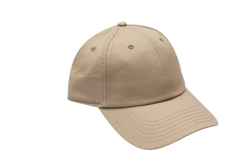 Angle view of beige baseball caps mockup on white background, with space for your logo or design. Mock-up for branding.