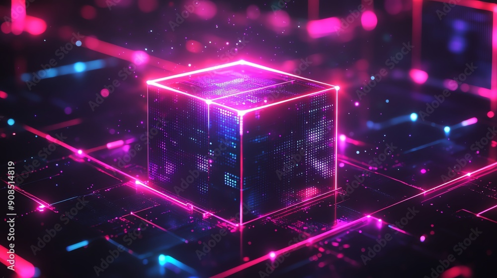 Wall mural Abstract digital cube with neon lights and glowing particles.