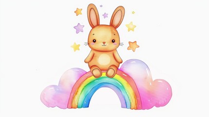 Delight in a playful handdrawn bunny atop a vibrant rainbow, bursting with cheerful hues for art enthusiasts and dreamers alike.