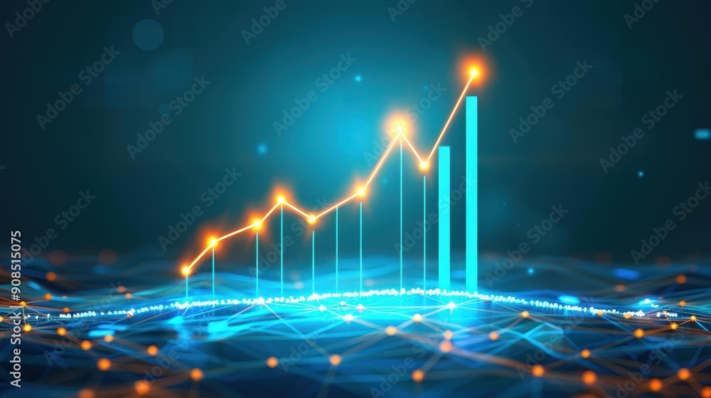 Poster description dynamic candlestick chart on a blue grid showcases the pulse of forex trading and financ