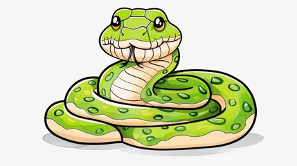Delight in this whimsical green snake cartoon, a playful and cute animal captured in vibrant watercolor illustrations
