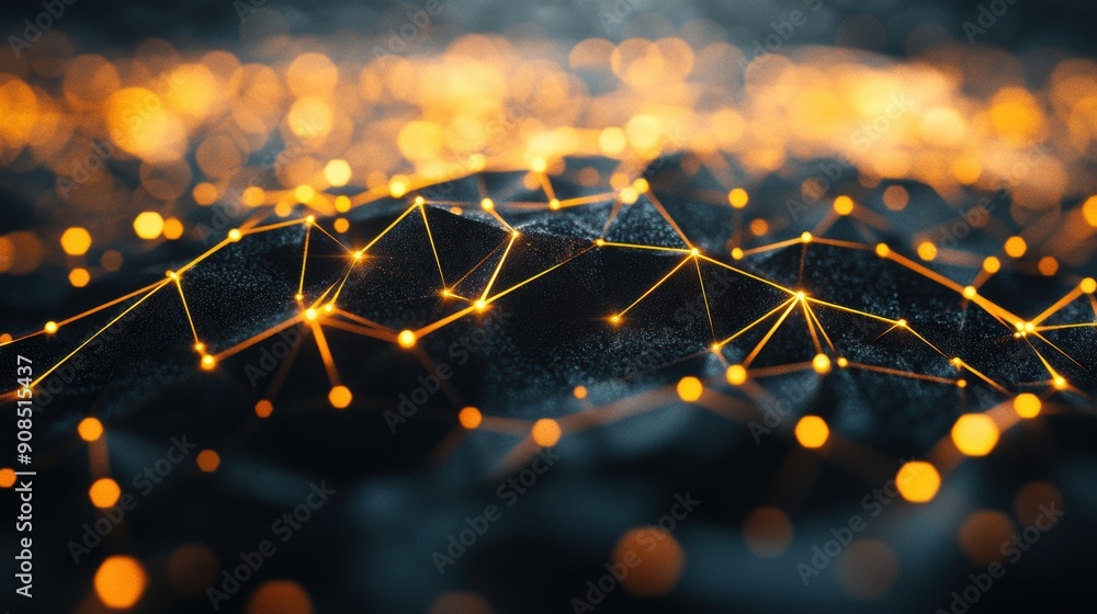 Poster a vibrant display of polygonal crystals glimmers with orange light on a dark textured surface, creat