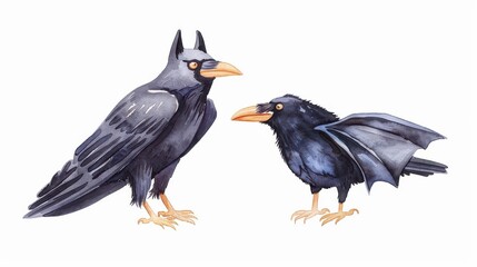 Spooky Halloween postcard featuring a vibrant bat and raven watercolor illustration, perfect for festive greeting cards.