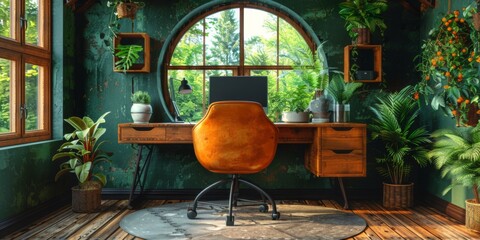 Modern home office with minimalist design, cozy room with plants The concept of remote work, freelancing