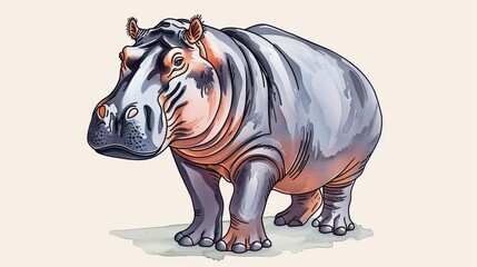 Obraz premium A charming handdrawn watercolor illustration of a hippo, showcasing its playful nature in vibrant colors.