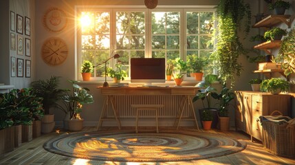 Modern home office with minimalist design, cozy room with plants The concept of remote work, freelancing