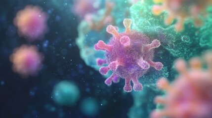 Colorful abstract virus cells interact with each other under a microscope, revealing intricate structures and behaviors