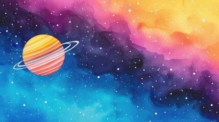 Naklejka premium Vibrant handdrawn watercolor planets bring the cosmos to life with rich colors and whimsical designs.
