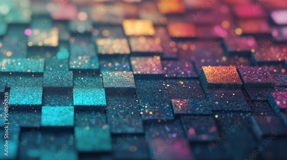 Poster colorful squares shimmer and sparkle, creating an engaging abstract pattern filled with vibrant hues