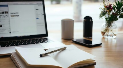 An open notebook with a pen on it sits on a wooden desk with a laptop, a cell phone, and a vase of flowers.